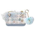 HOT FOCUS 748FD Tweedowa niebieska torebeczka torebka z brelokiem i kokardą