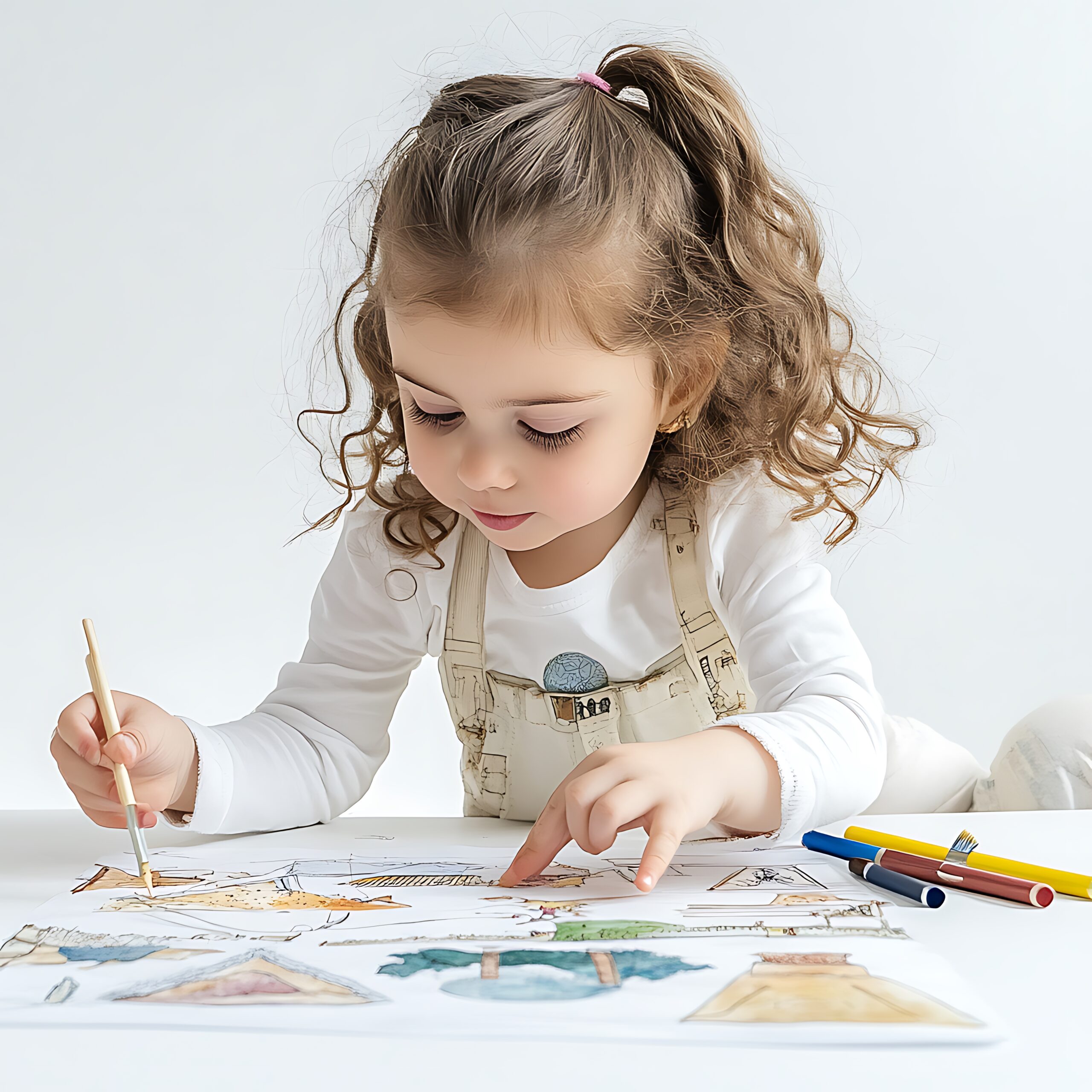 A young girl with long brown hair is focused on her creative project. She uses a brush and colors to bring her artwork to life. This image captures the joy and wonder of childhood imagination and the process of artistic expression.