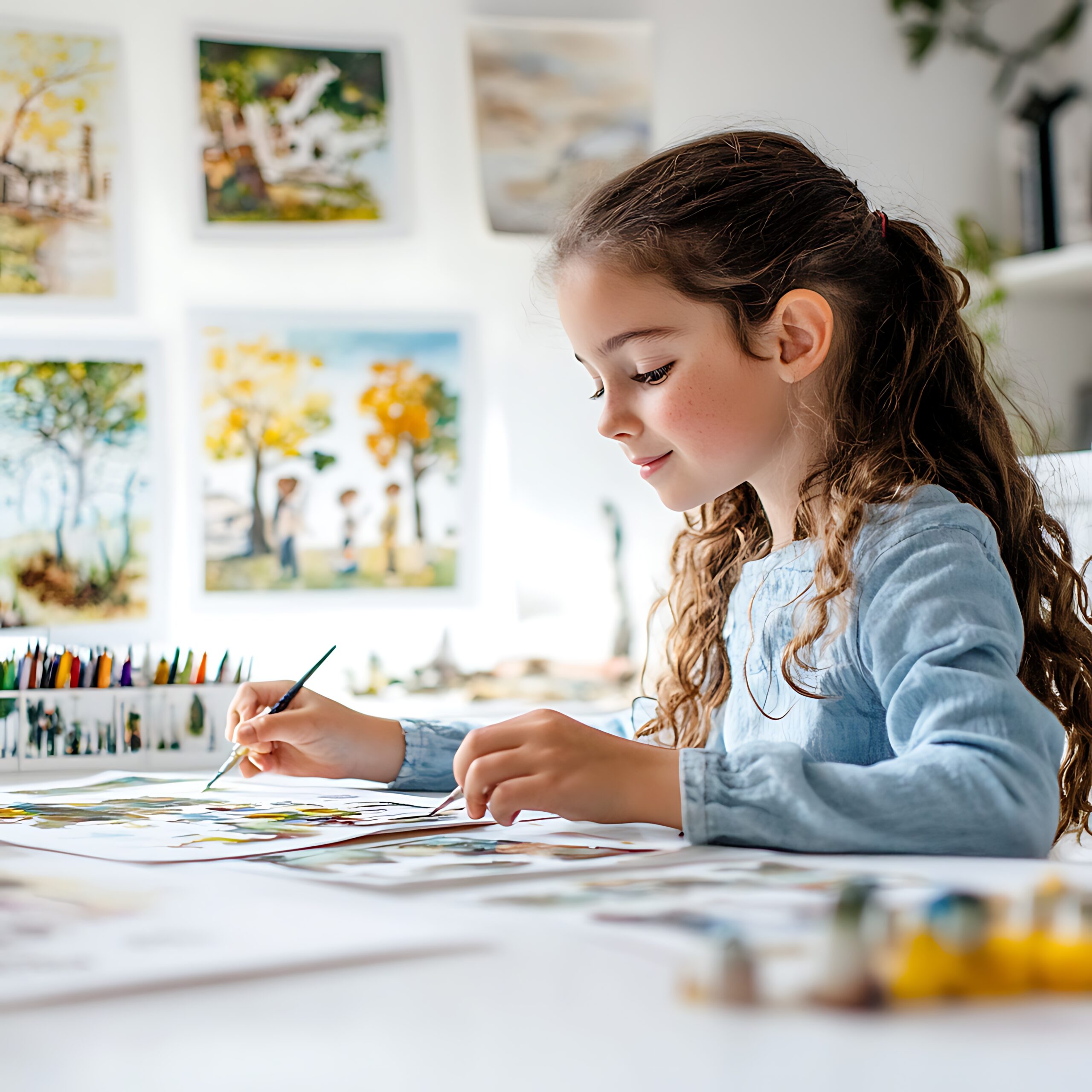 A young girl is sitting at a table painting with watercolors. She is focused on her art, showing concentration and creativity.  This image is perfect for projects about hobbies, art, and childhood.